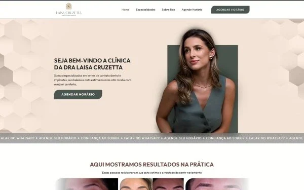 Landing page da clínica da Dra. Laisa Cruzetta, em tons claros: a dentista em destaque, fotos de resultados e um texto sobre facetas em resina