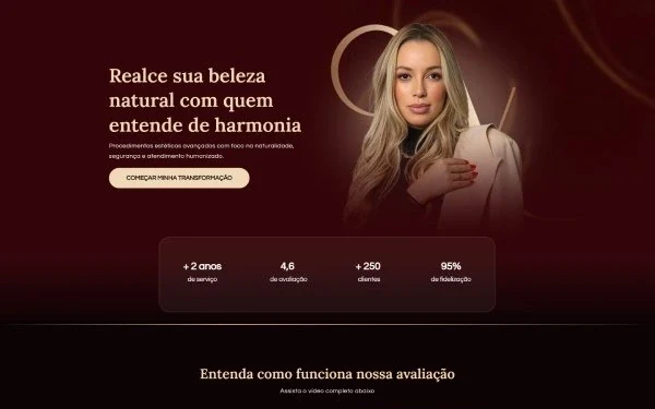 Landing page de estética em vinho e dourado, com a profissional em destaque, um vídeo sobre a avaliação e a seção “Mitos e verdades”