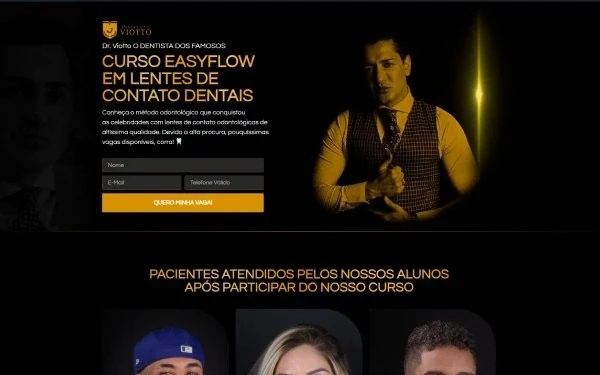 Landing page do curso EasyFlow em lentes de contato dentais, do Dr. Viotto: fundo preto e dourado, formulário de inscrição e fotos de pacientes sorrindo