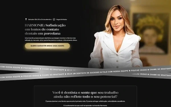 Landing page da imersão Harmonie em lentes de contato dentais em porcelana: fundo escuro, a especialista em destaque e fotos de sorrisos de pacientes
