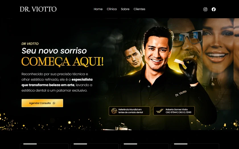 Site institucional do Dr. Viotto, com retrato em preto e dourado, apresentação profissional, história e resultados