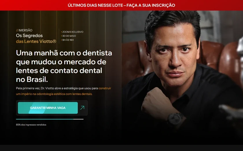 Landing page da imersão Os Segredos das Lentes Viotto, com retrato do Dr. Viotto, chamada de inscrição e apresentação do treinamento