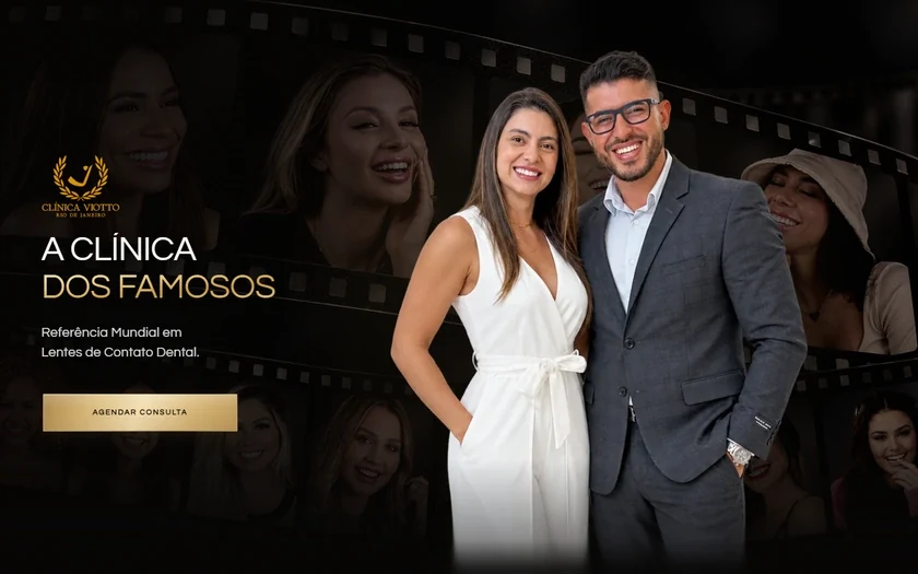 Site da Clínica Viotto Rio de Janeiro, em preto e dourado, com os responsáveis pela clínica, resultados e apresentação da equipe
