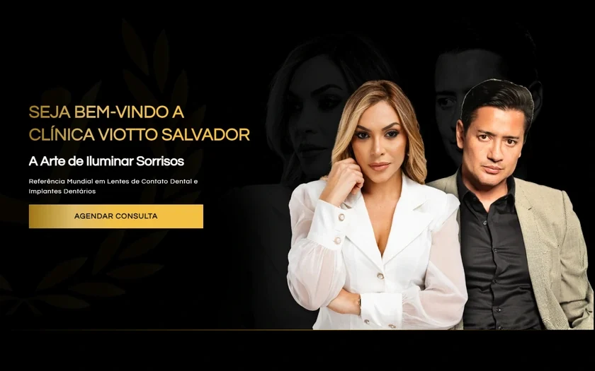 Site da Clínica Viotto Salvador, em preto e dourado, com a Dra. Loraine e o Dr. Viotto, resultados e detalhes dos tratamentos