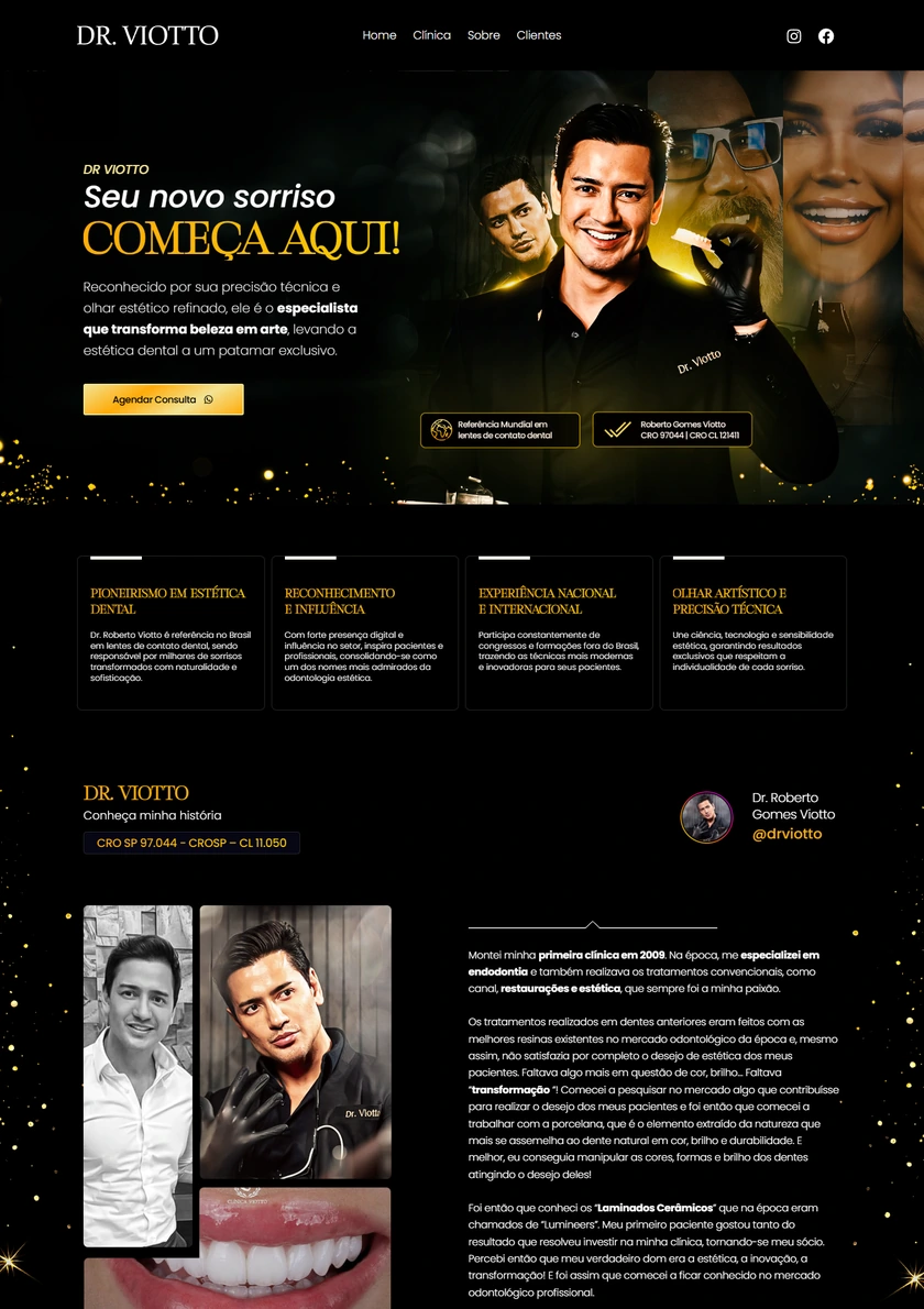 Site institucional do Dr. Viotto, com retrato em preto e dourado, apresentação profissional, história e resultados