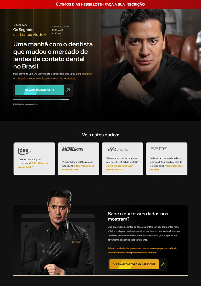 Landing page da imersão Os Segredos das Lentes Viotto, com retrato do Dr. Viotto, chamada de inscrição e apresentação do treinamento