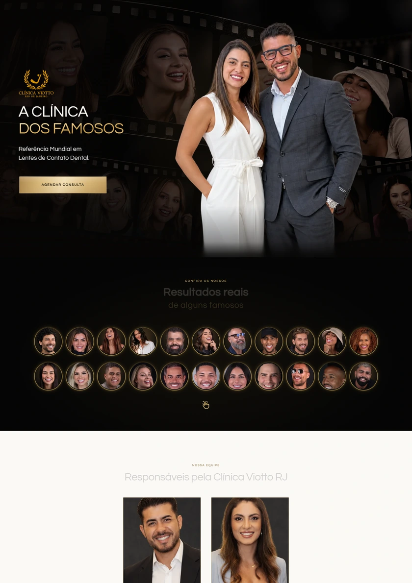 Site da Clínica Viotto Rio de Janeiro, em preto e dourado, com os responsáveis pela clínica, resultados e apresentação da equipe
