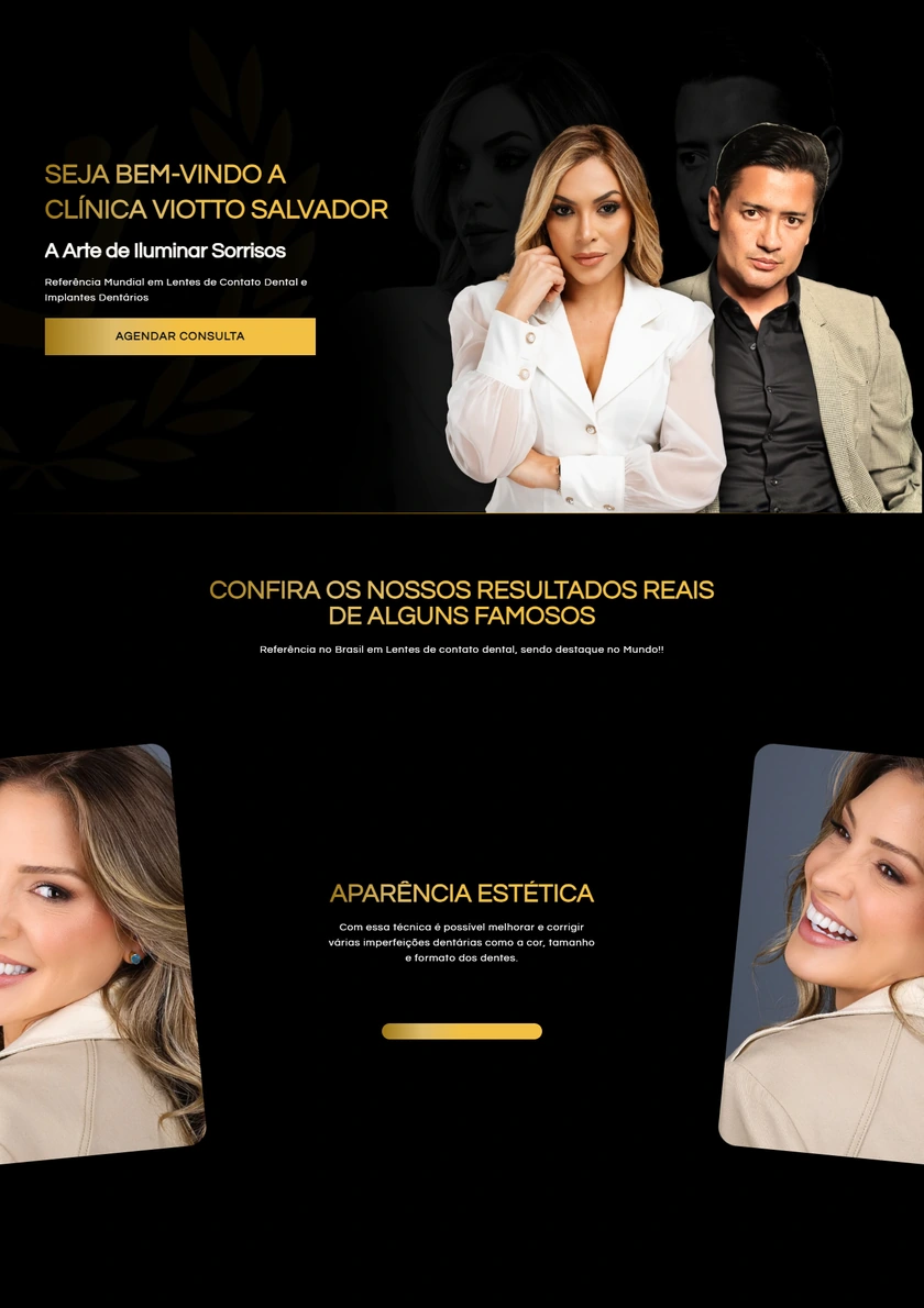 Site da Clínica Viotto Salvador, em preto e dourado, com a Dra. Loraine e o Dr. Viotto, resultados e detalhes dos tratamentos